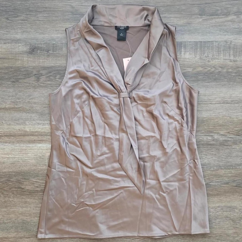 Ann Taylor Petite Taupe Draped Cowl Neck Blouse Sleeveless Satin Top Size 6P NWT